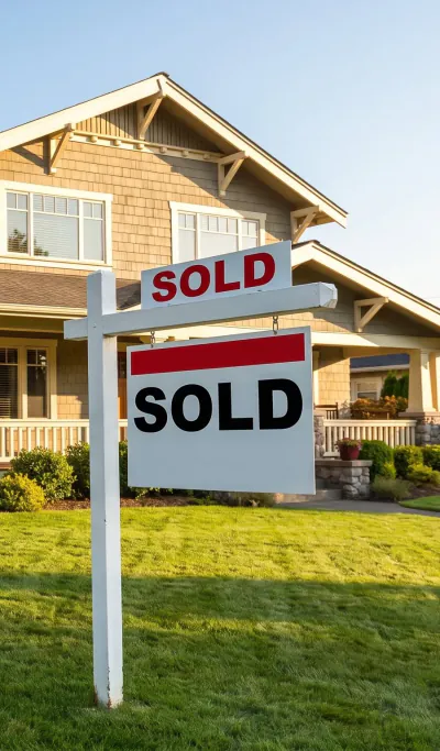 A house with a SOLD sign in the front yard