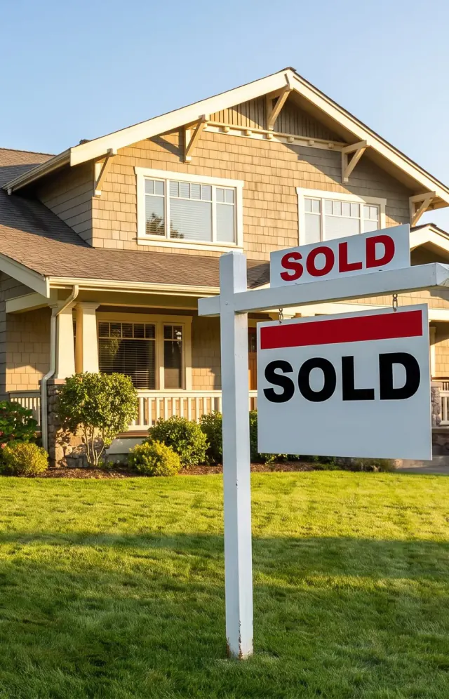A house with a SOLD sign in the front yard