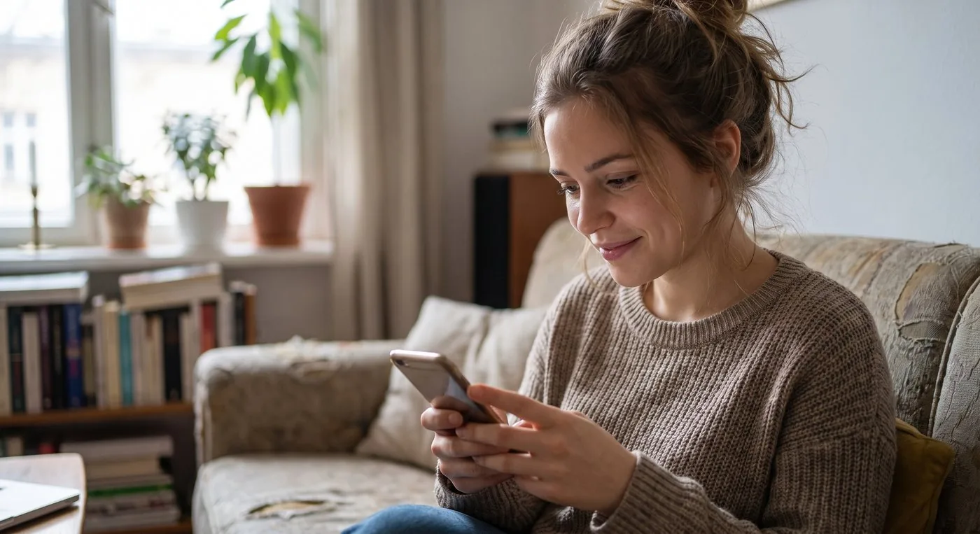 A woman smiling at her phone at home, receiving a first message