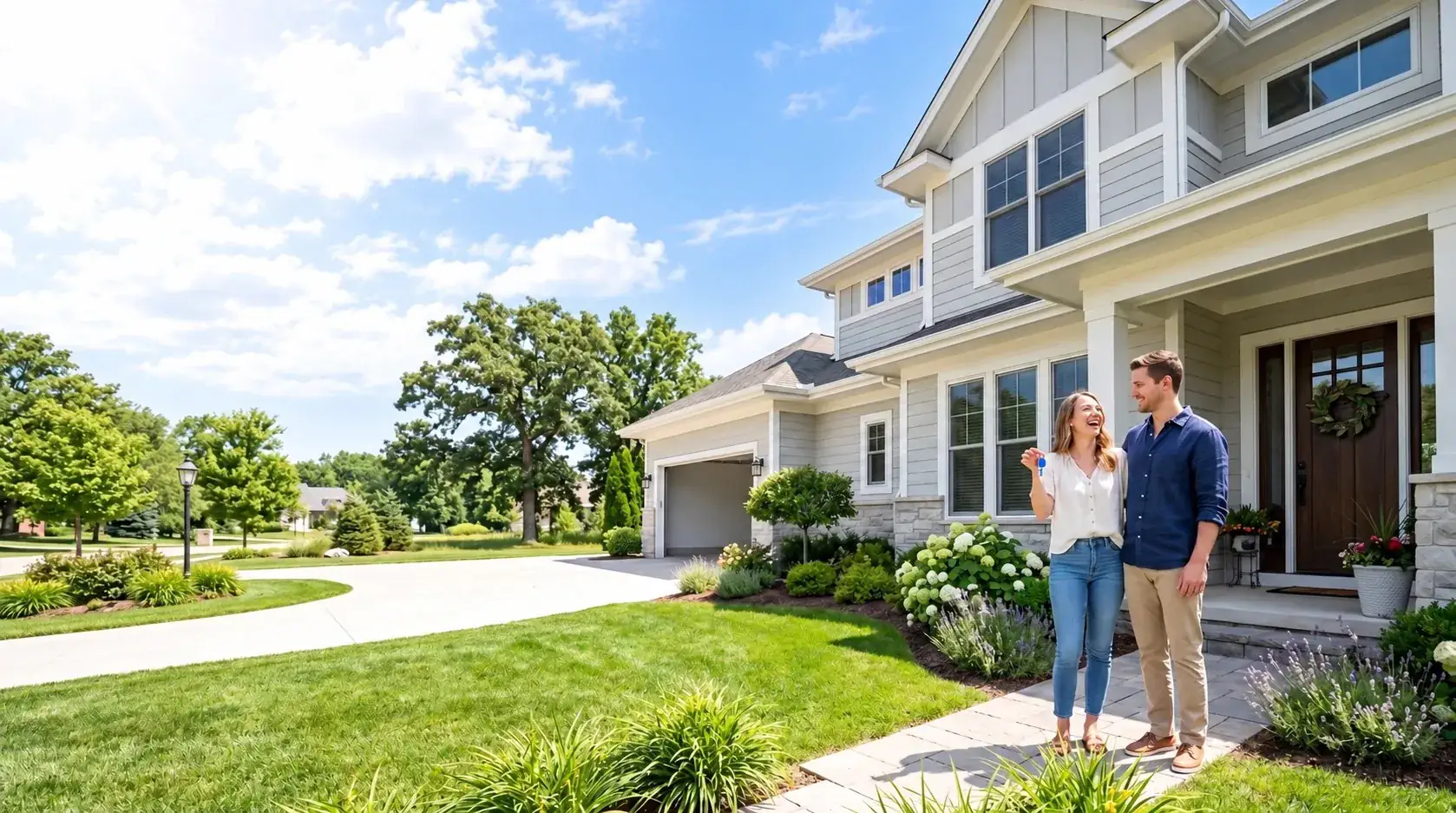 Buyers holding the keys in front of their new home