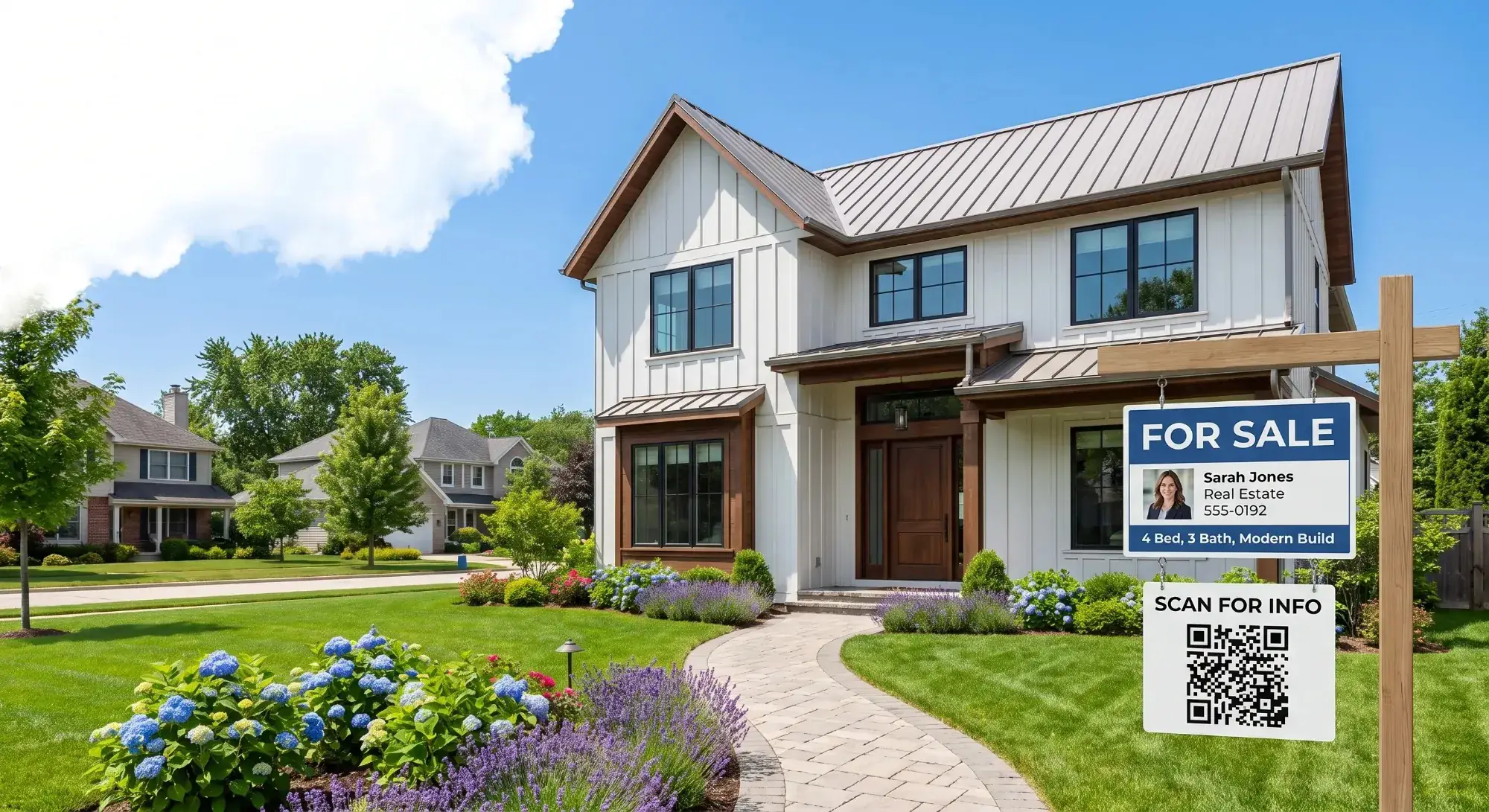 A For Sale yard sign with a QR code that opens an AI assistant for the listing