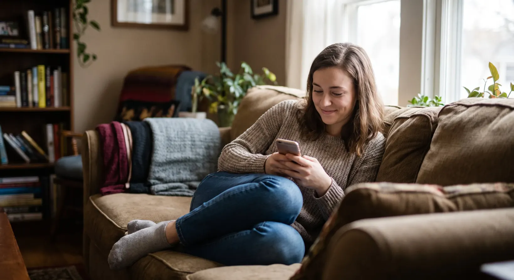 A buyer relaxing at home, reading messages on her phone