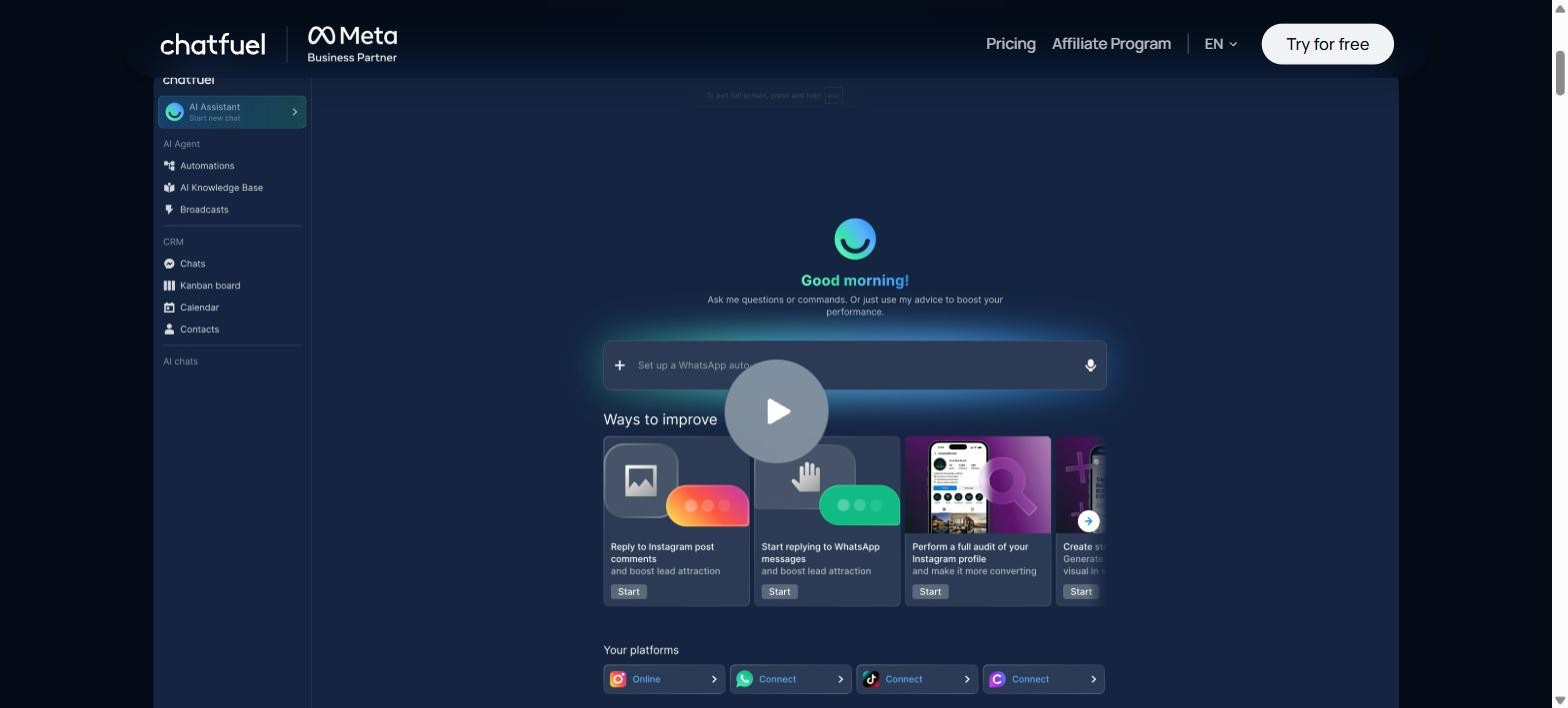 Chatfuel no-code chatbot builder dashboard for real estate lead automation