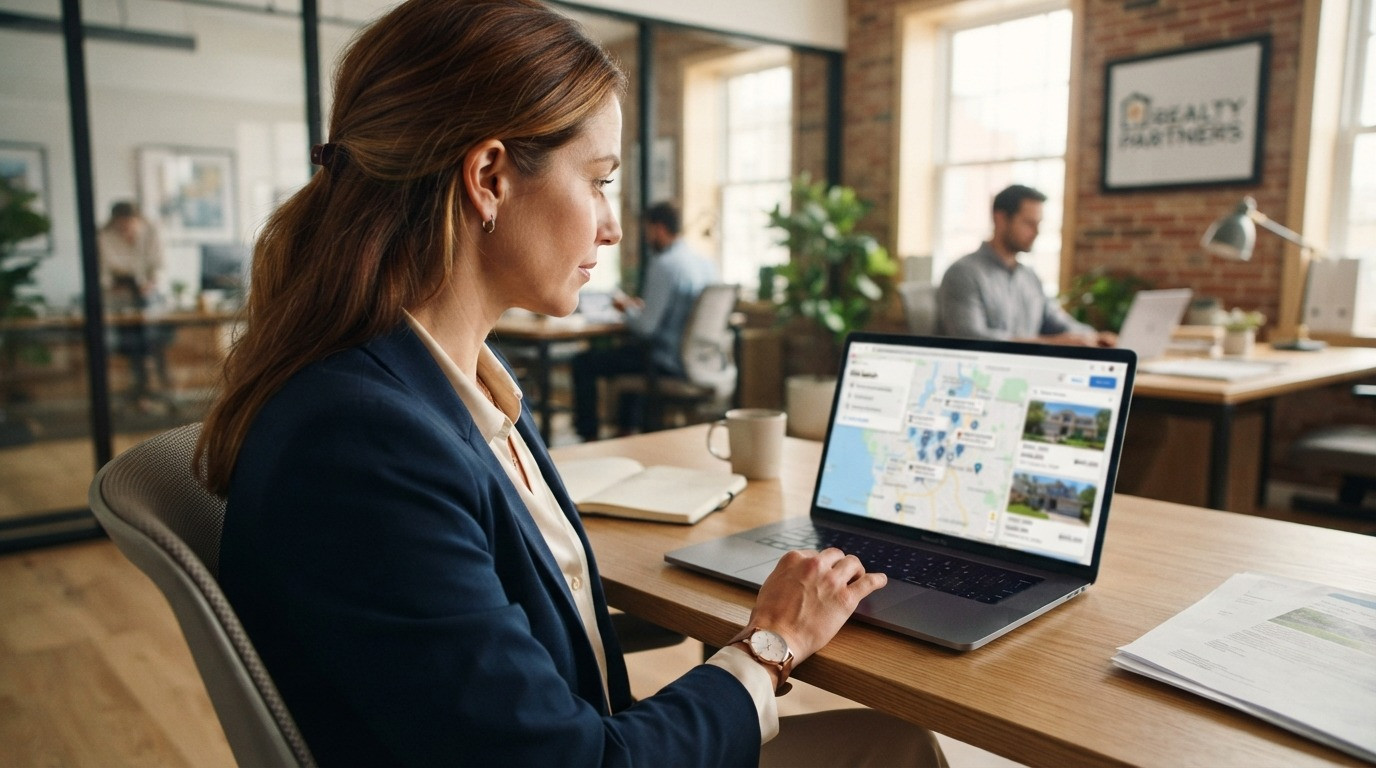 idx real estate agent reviewing property search on laptop 2026