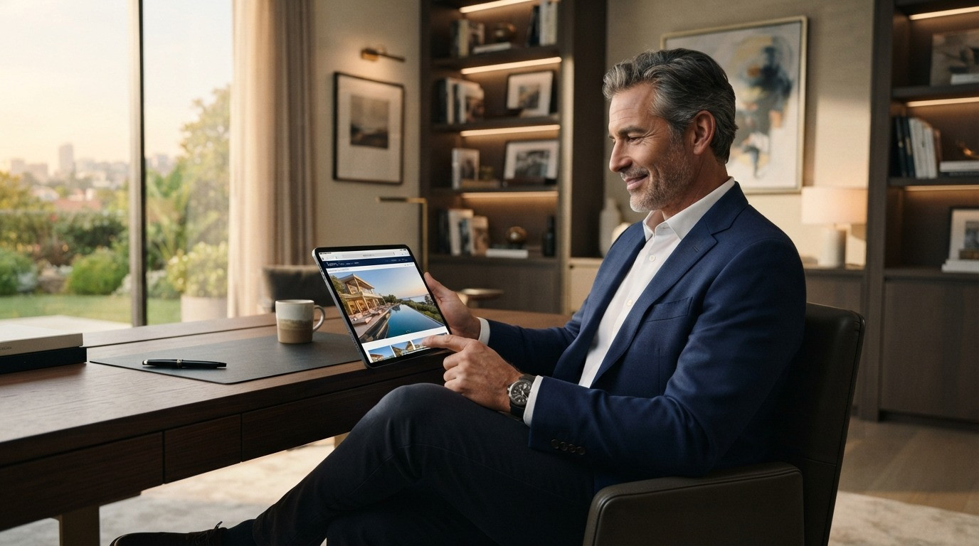 luxury real estate website design buyer viewing property listings on tablet 2026