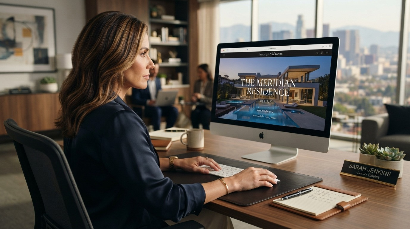 luxury real estate website design agent reviewing luxury site on iMac 2026