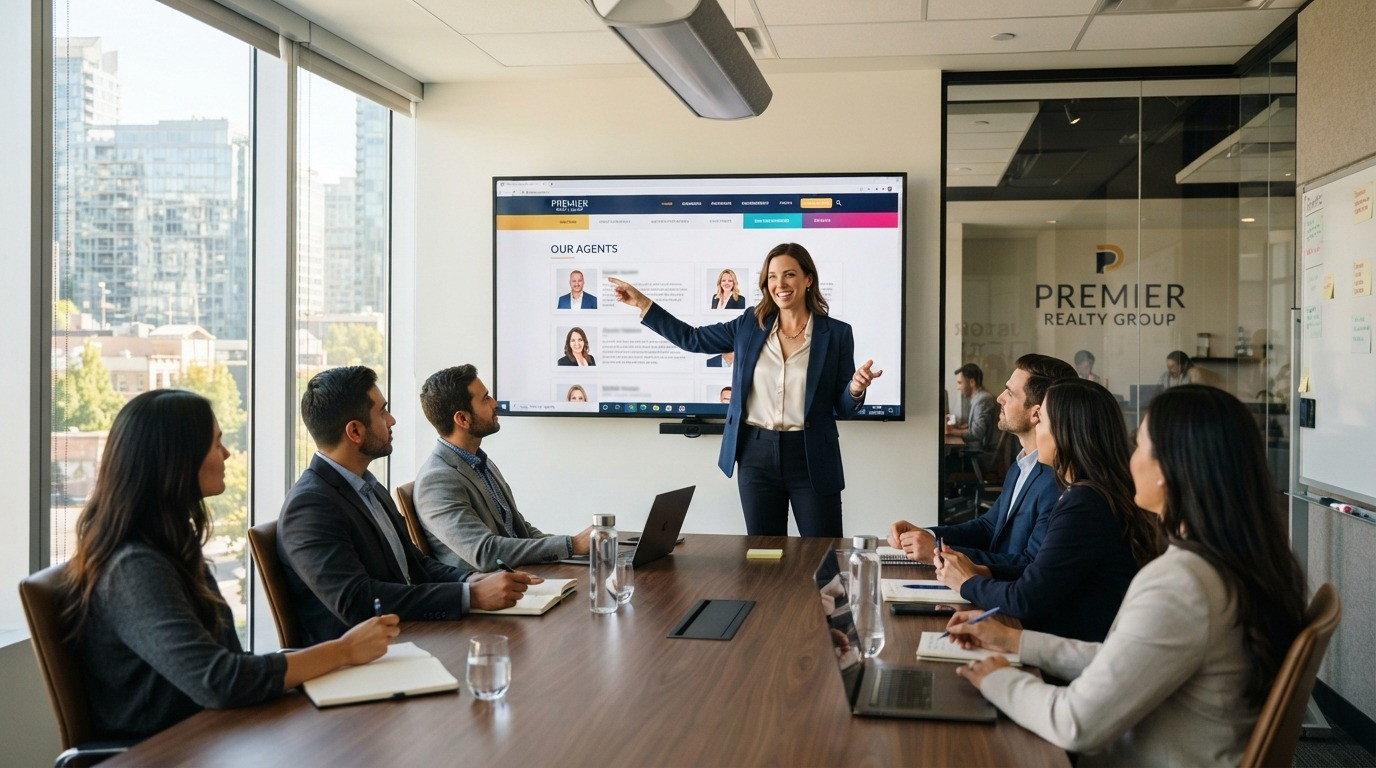 real estate broker website design marketing team presenting redesign 2026