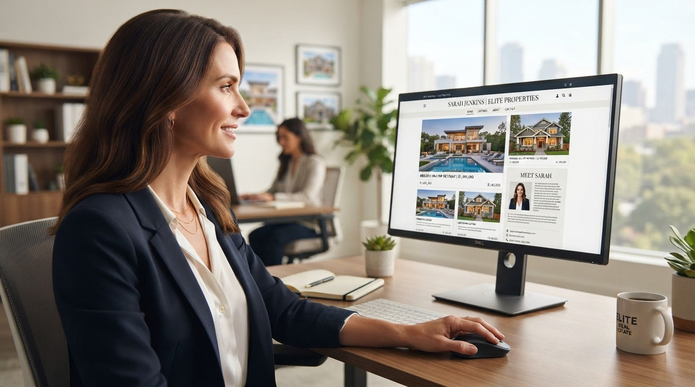 website design for real estate agents agent reviewing website on monitor 2026
