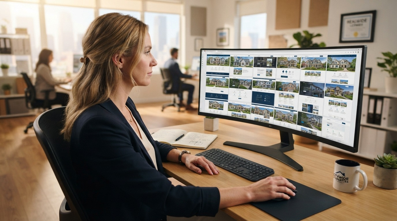 best real estate website design agent reviewing examples on monitor 2026