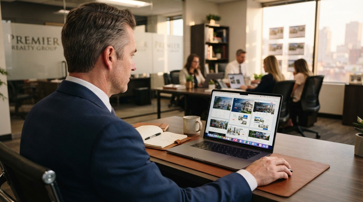 real estate web design companies broker reviewing design portfolio on laptop 2026