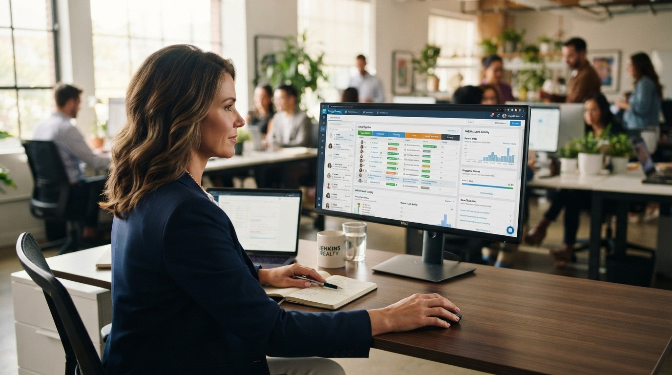 crm with website builder real estate team reviewing dashboard 2026
