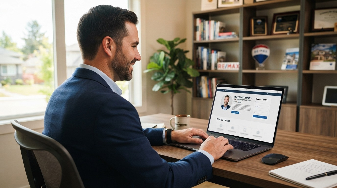 real estate agent landing page agent reviewing his page on laptop 2026