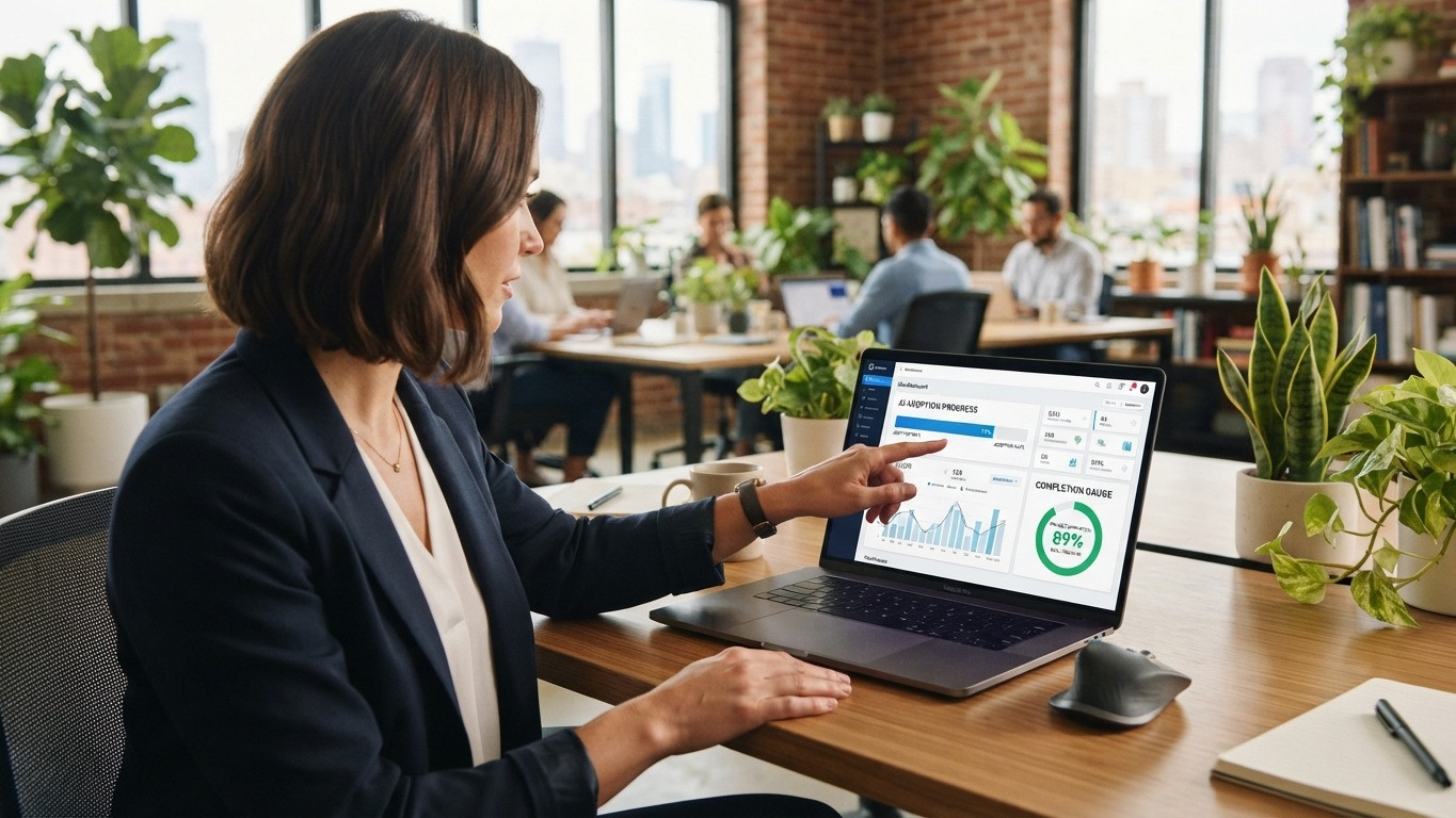 ai deployment maturity real estate firms team reviewing AI adoption dashboard