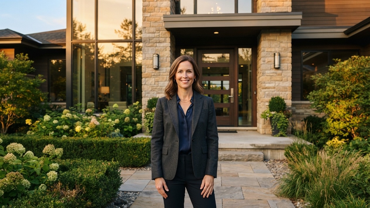 agent standing at the entrance of an upscale modern home