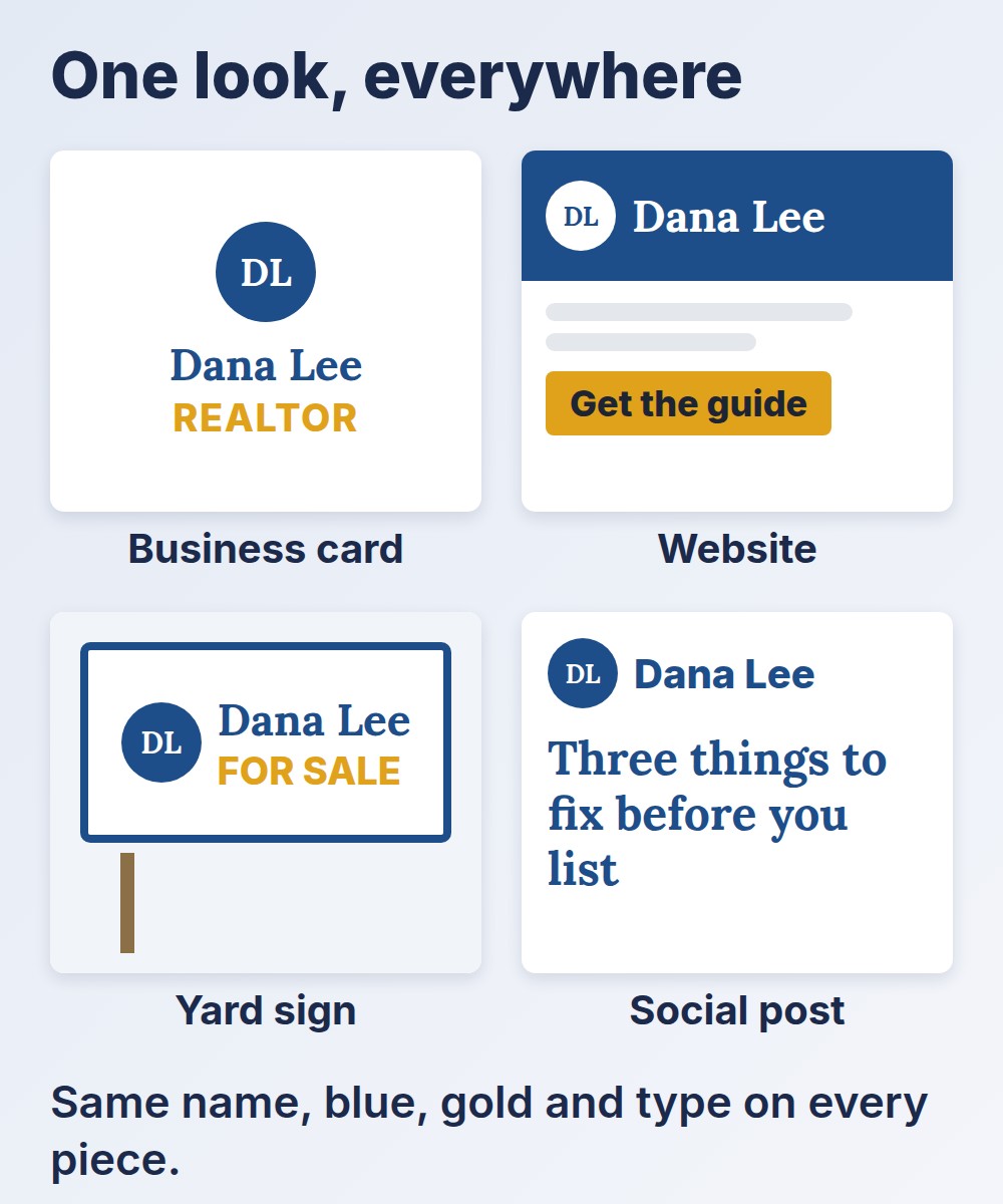 real estate branding one look on a business card, website, yard sign and social post