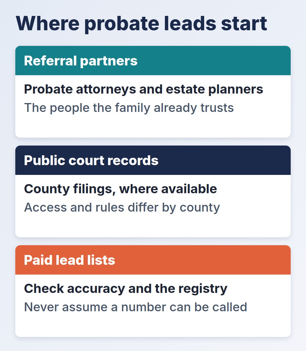 probate real estate leads sources: referral partners, public court records and paid lead lists