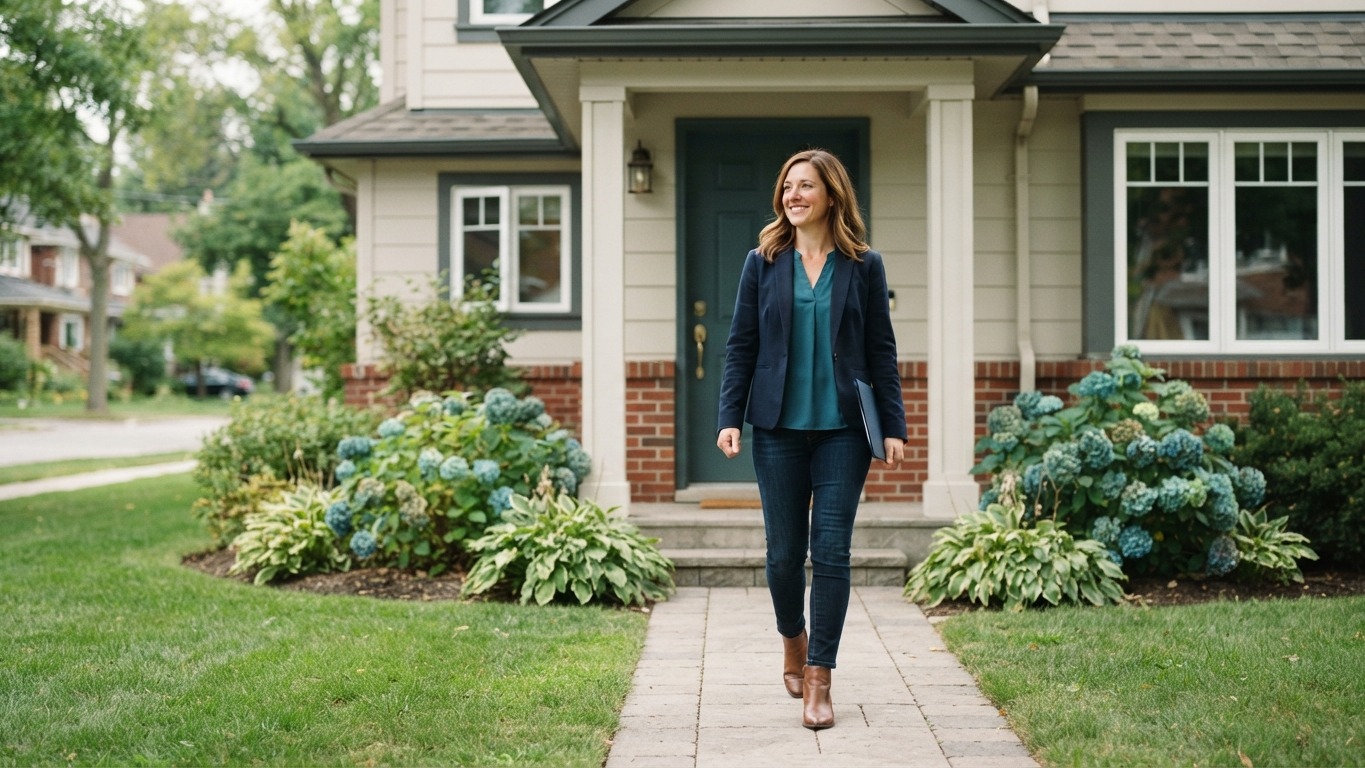 agent walking up a front path to a suburban front door