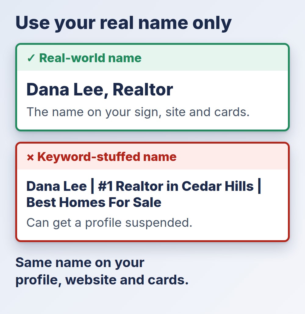 google business profile for realtors: real-world name versus a keyword-stuffed name that risks suspension