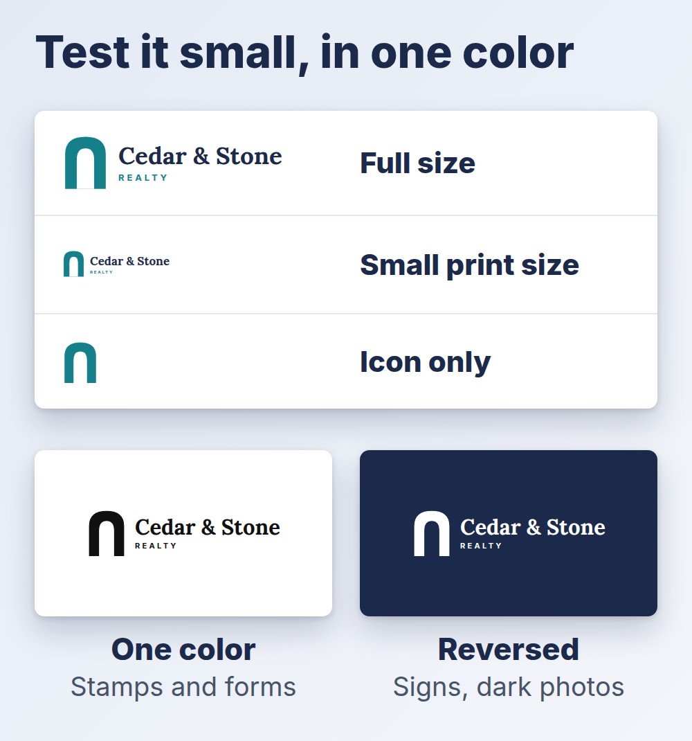 Real estate agent logo test: full size, small print size, icon only, one color and reversed