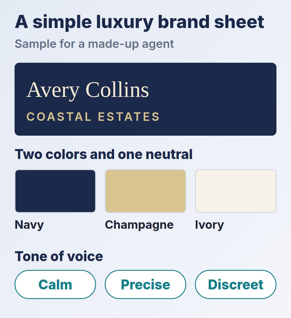 sample luxury brand sheet with navy, champagne and ivory colors