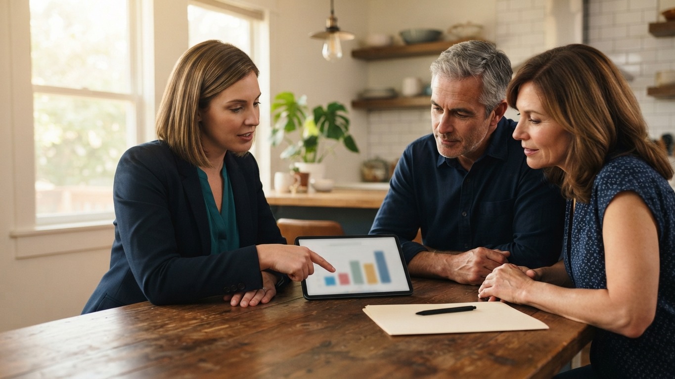 listing presentation agent presenting a pricing summary to homeowners at a kitchen table