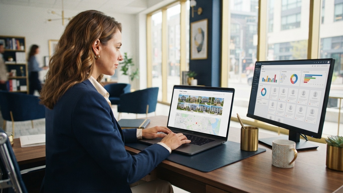 real estate website built from crm data reviewed by an agent at a desk