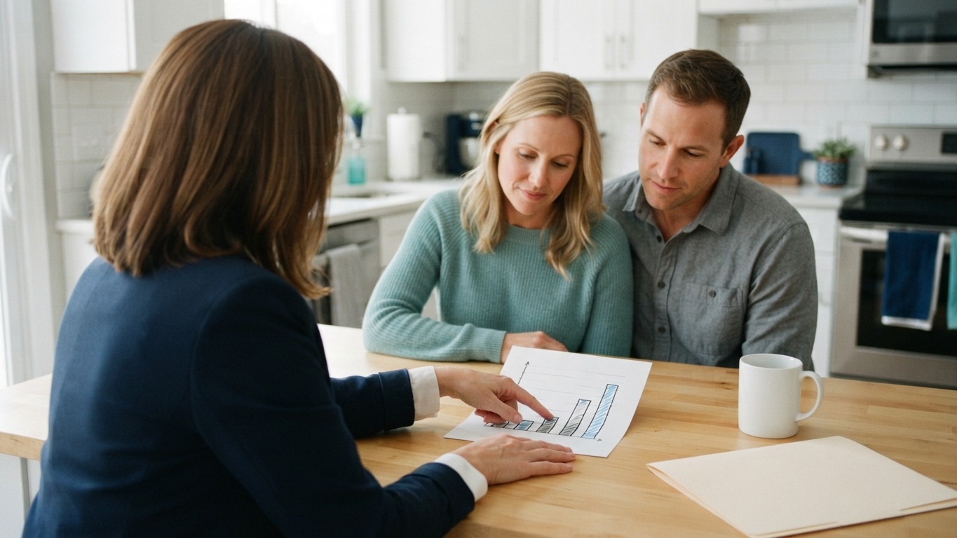 price reduction conversation with sellers: an agent reviewing printed charts with a homeowner couple at a kitchen table