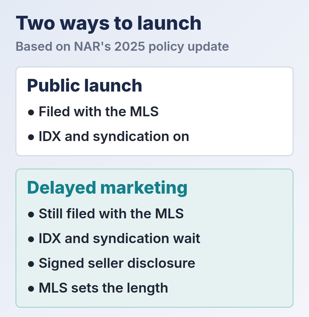public launch versus delayed marketing listing options