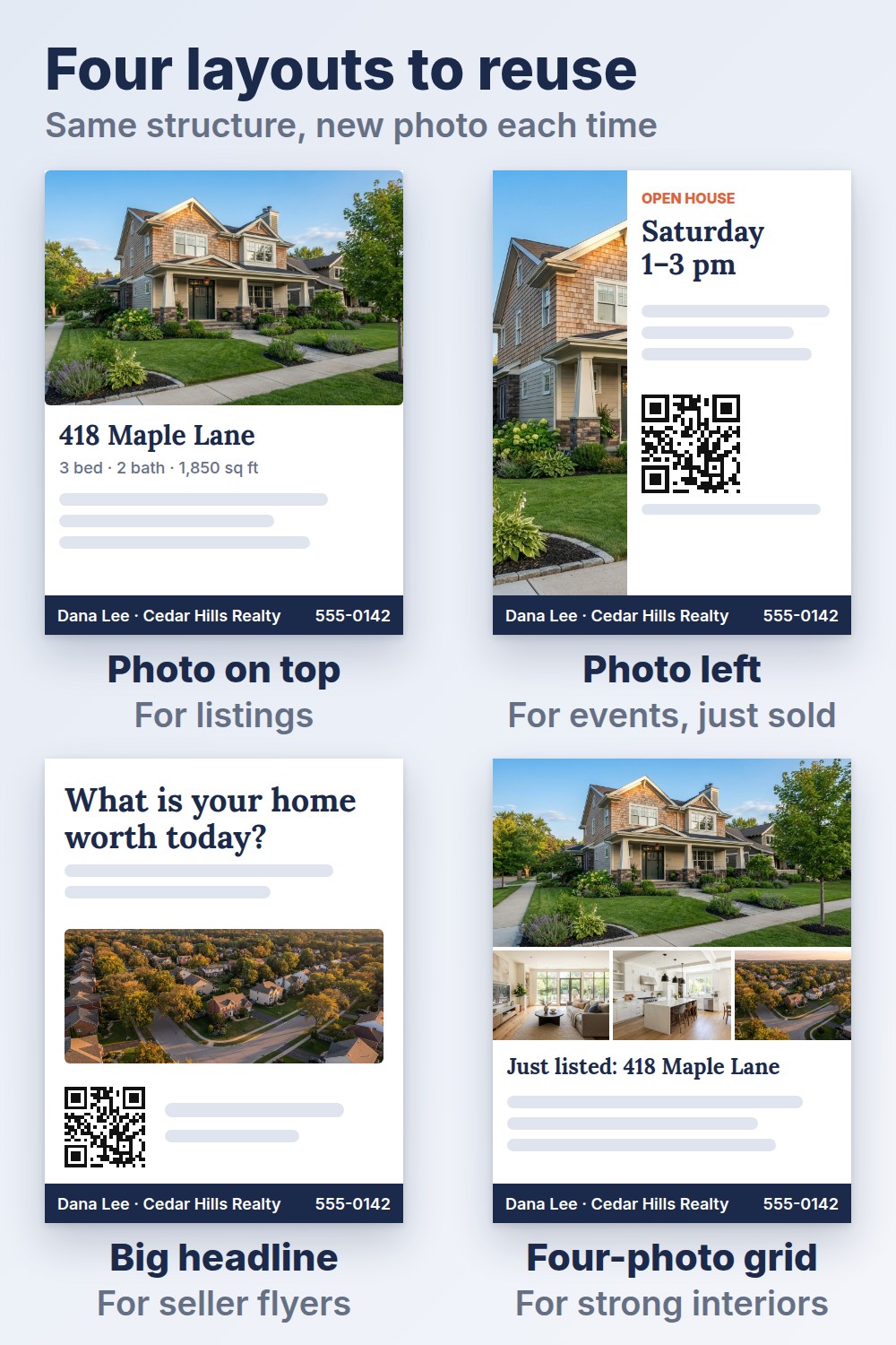 flyer for real estate four layouts to reuse: photo on top, photo left, big headline, four-photo grid