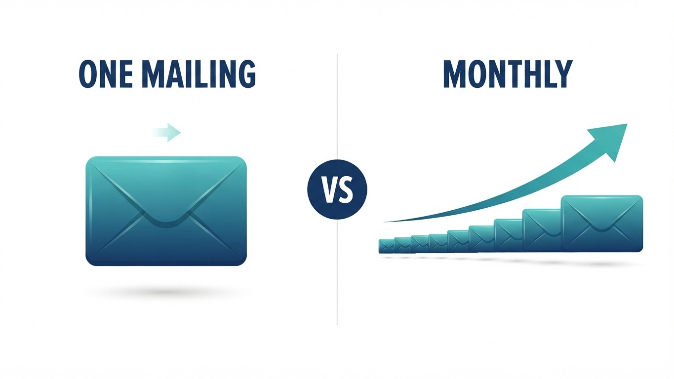 postcards real estate one mailing versus monthly mailing comparison
