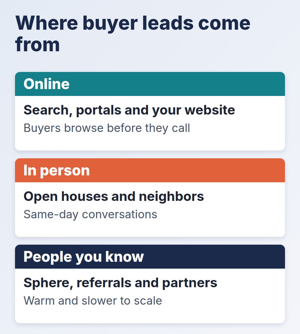 buyer leads for real estate agents come from online search, in-person events and people you know