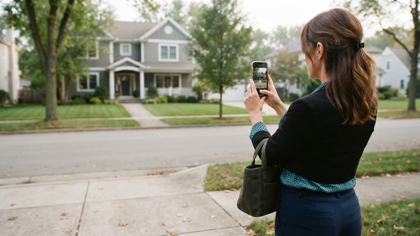 social media for realtors agent photographing a neighborhood home with a phone