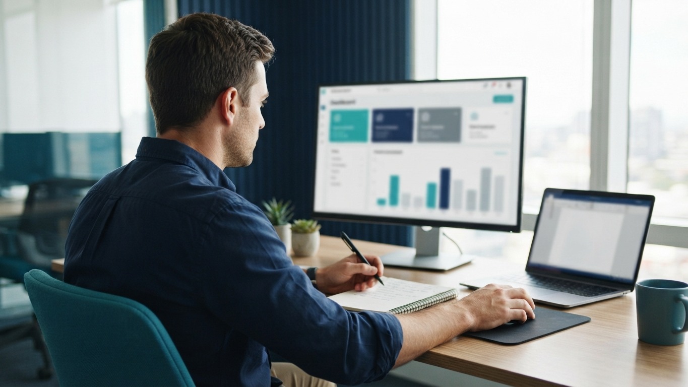 real estate marketing software agent comparing software options on two screens