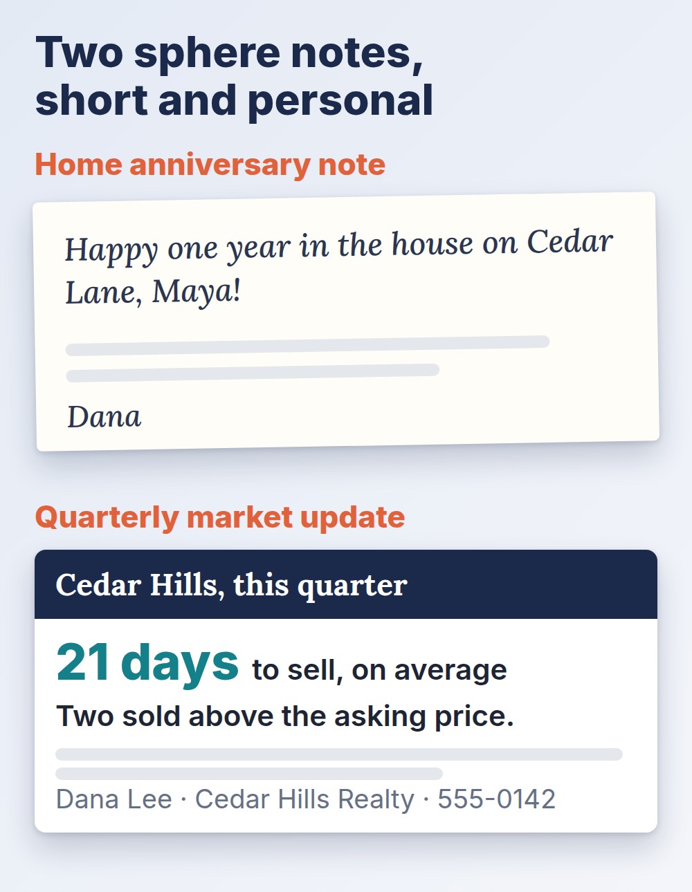 real estate marketing ideas: a home anniversary note and a quarterly market update with sample numbers