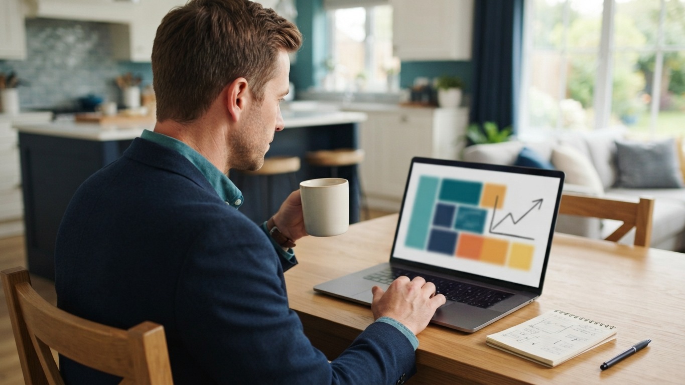 google ads for realtors agent reviewing ad results on a laptop at a kitchen table