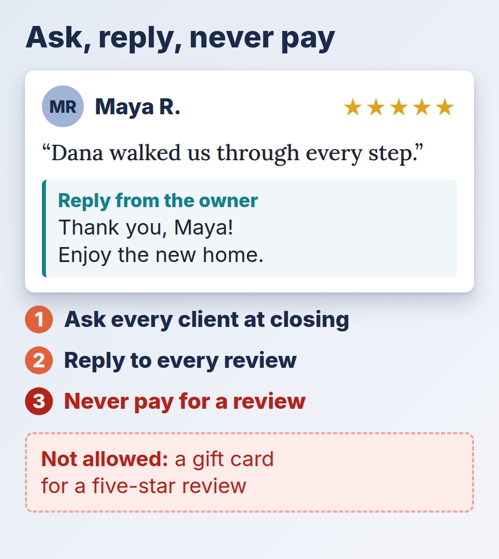 google business profile for realtors sample five-star review with owner reply and three review rules