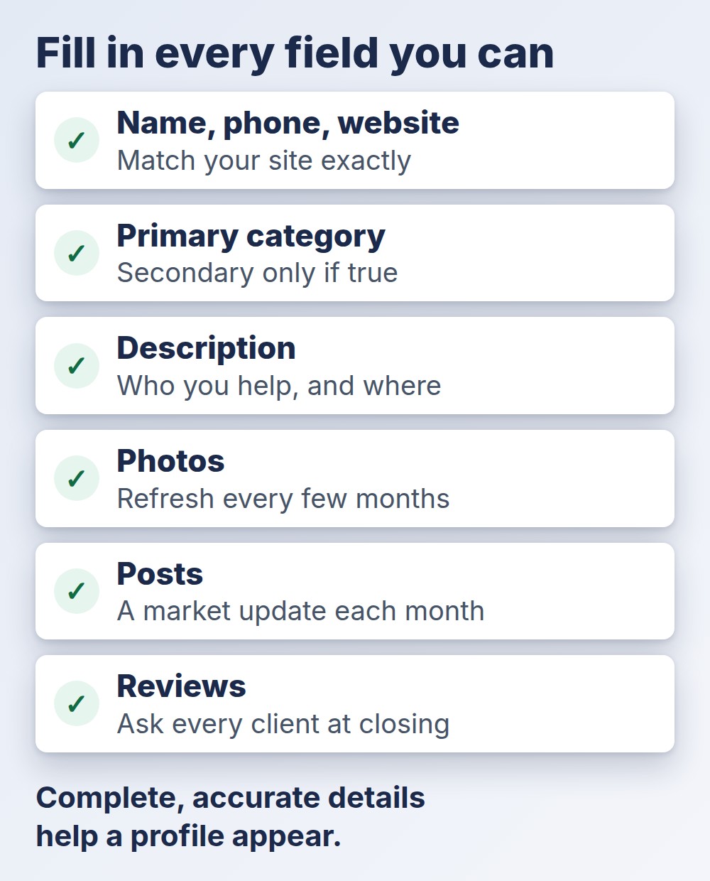 real estate seo business profile checklist: contact details, category, description, photos, posts, reviews