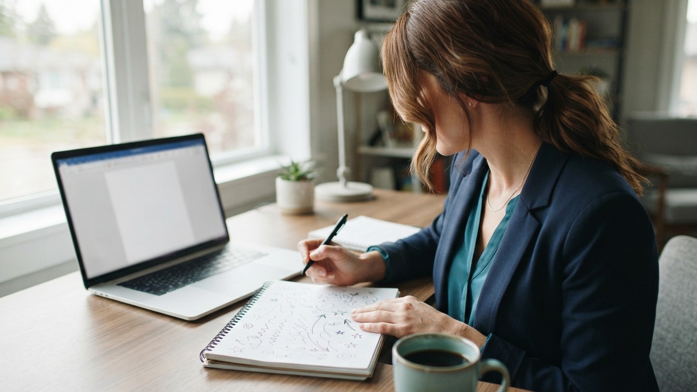 realtor name ideas agent brainstorming business names with a notepad and laptop