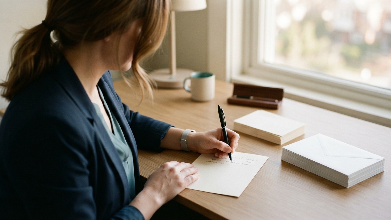 agent writing a handwritten note beside a stack of envelopes