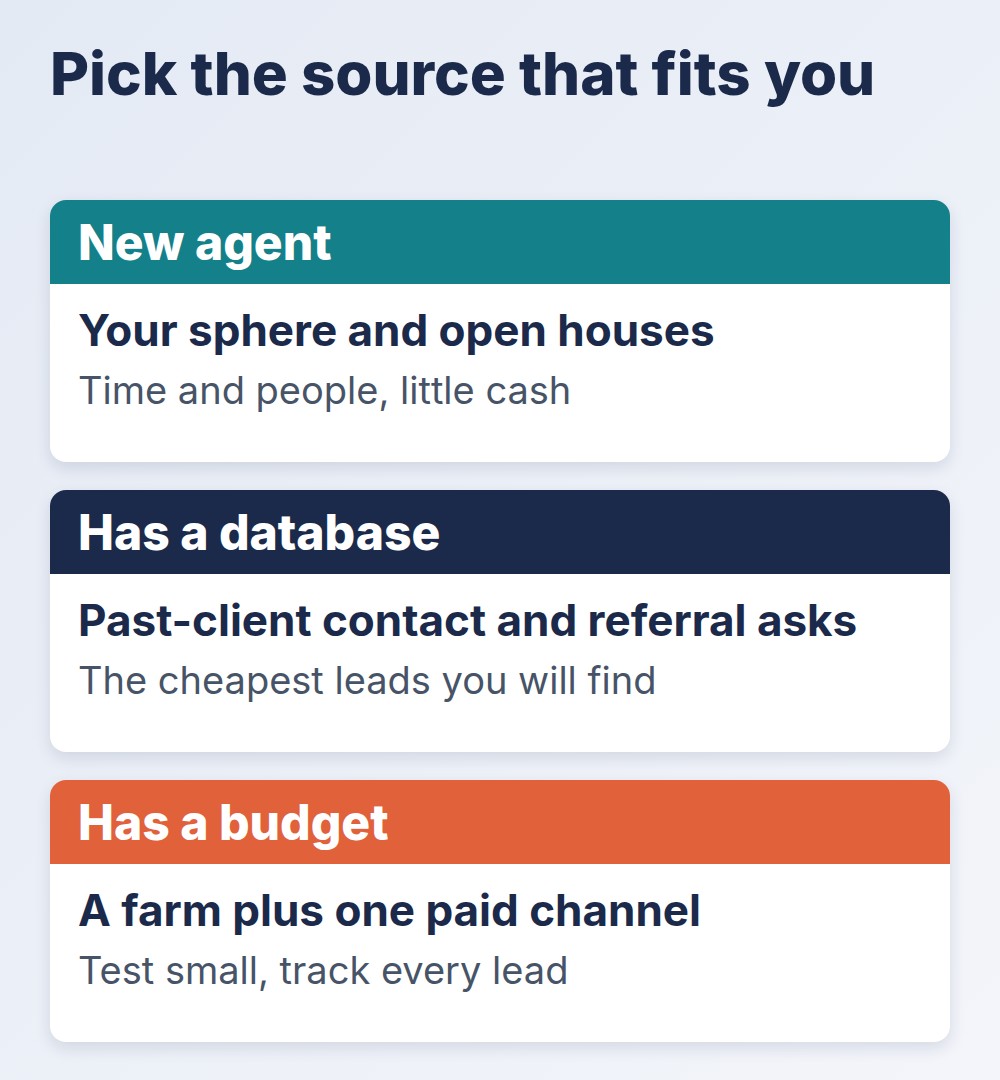 real estate lead generation: pick the source that fits a new agent, an agent with a database, or an agent with a budget