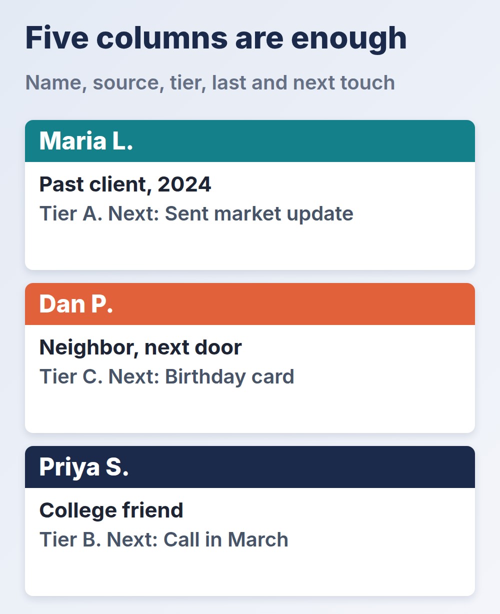 sphere of influence list with name, source, tier, last touch and next touch columns