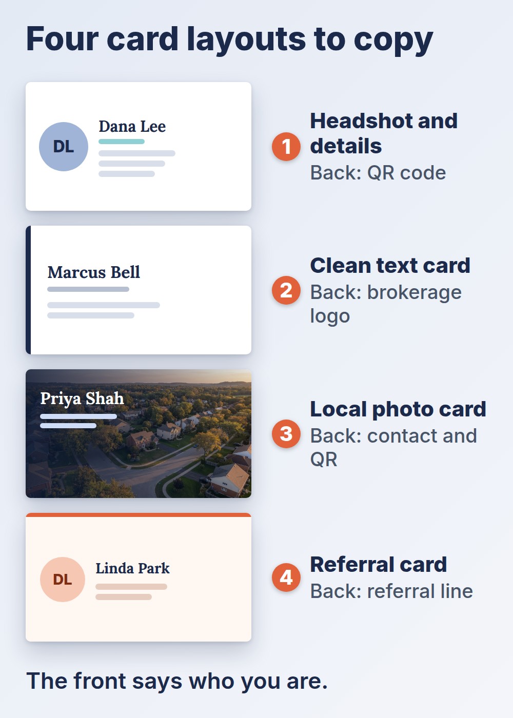 Real estate agent business card: four layouts to copy, from headshot card to referral card