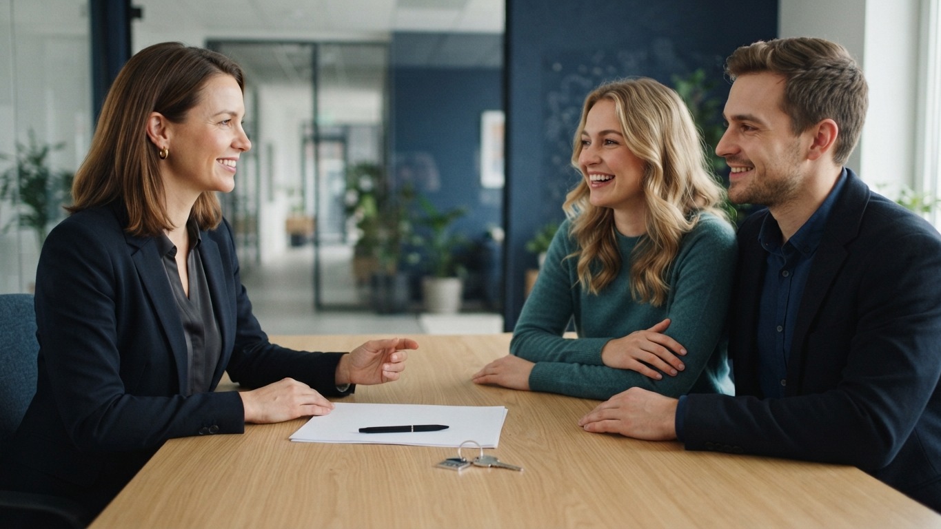 real estate testimonials agent and clients talking at a closing table