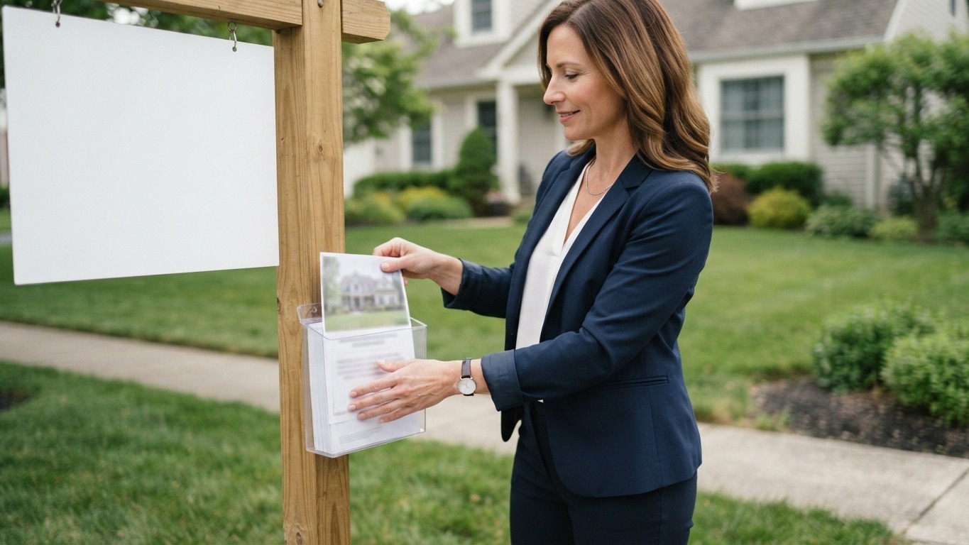 flyer for real estate agent placing flyers into a flyer box on a yard sign