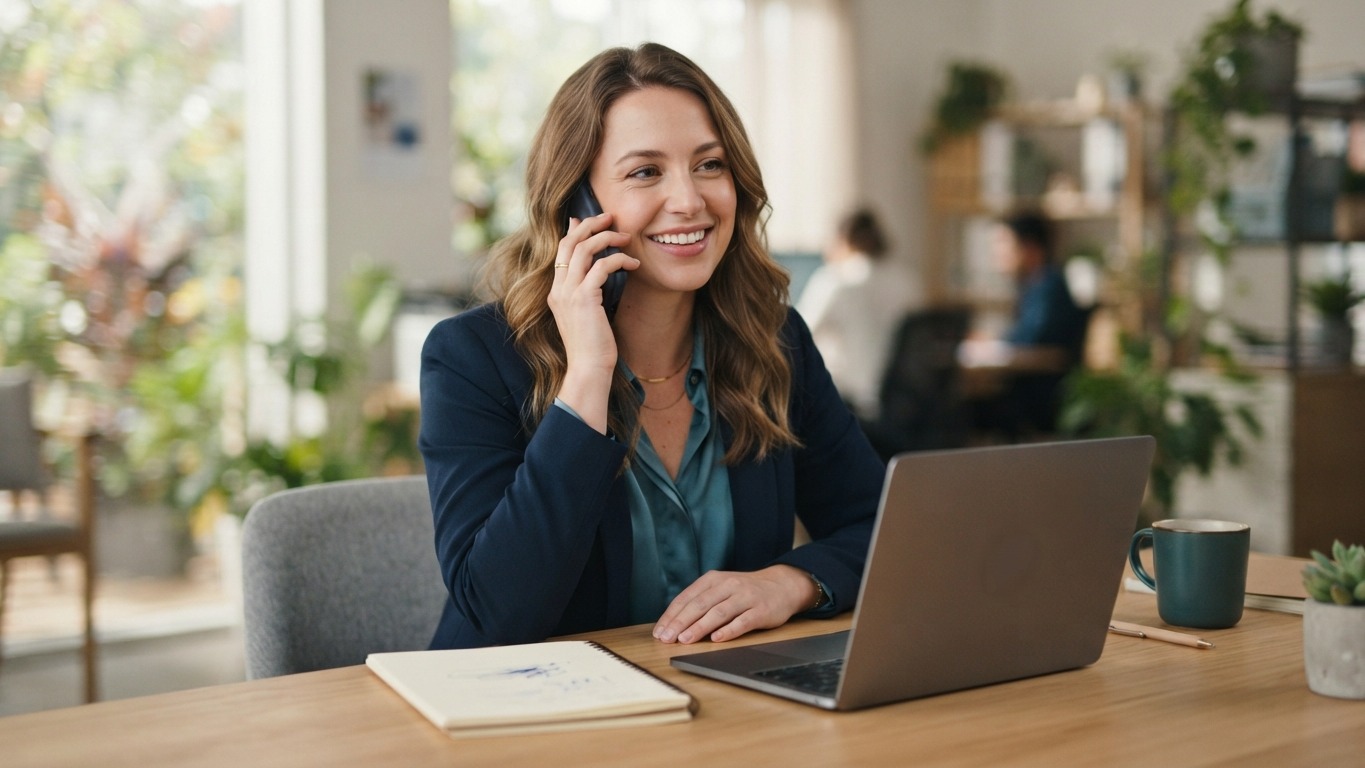 agent smiling on a phone call at a desk with a notepad and laptop