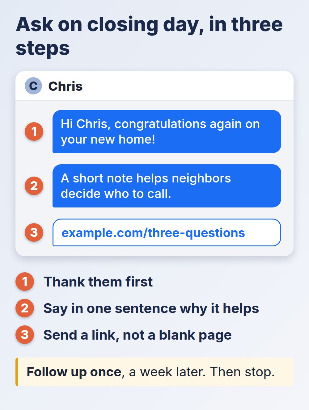 real estate testimonials: ask on closing day in three steps, then follow up once a week later