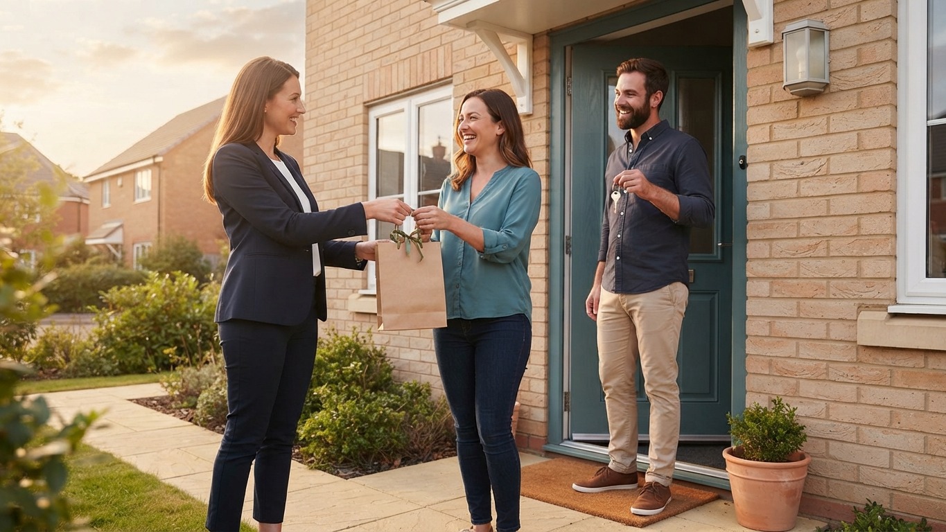 closing gifts real estate agent handing a gift bag to new homeowners at the front door