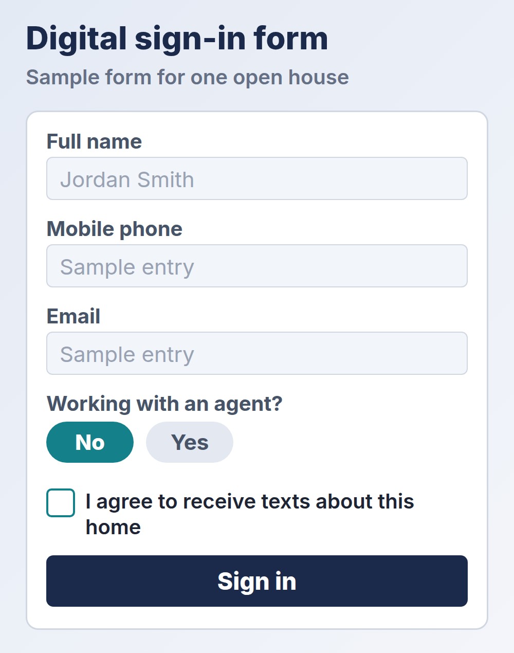 sample digital open house sign-in form with consent checkbox