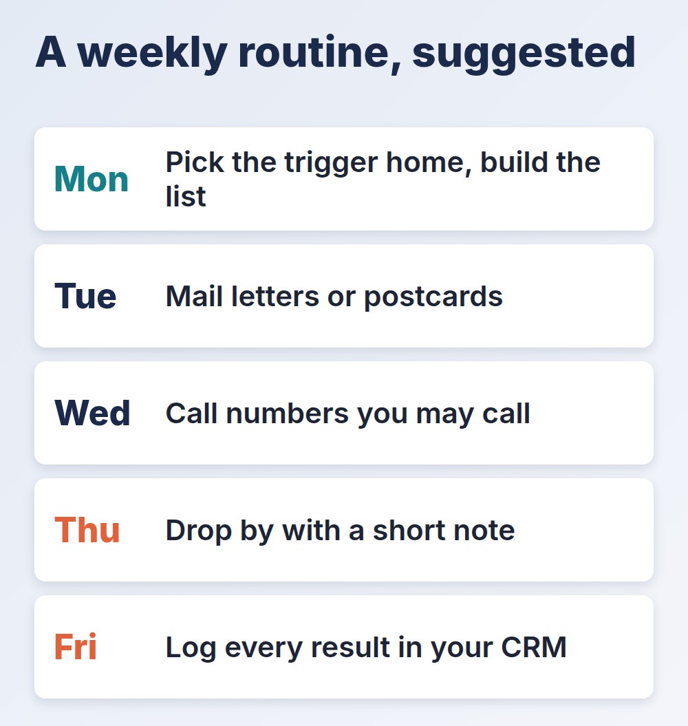circle prospecting weekly routine from Monday list building to Friday CRM logging