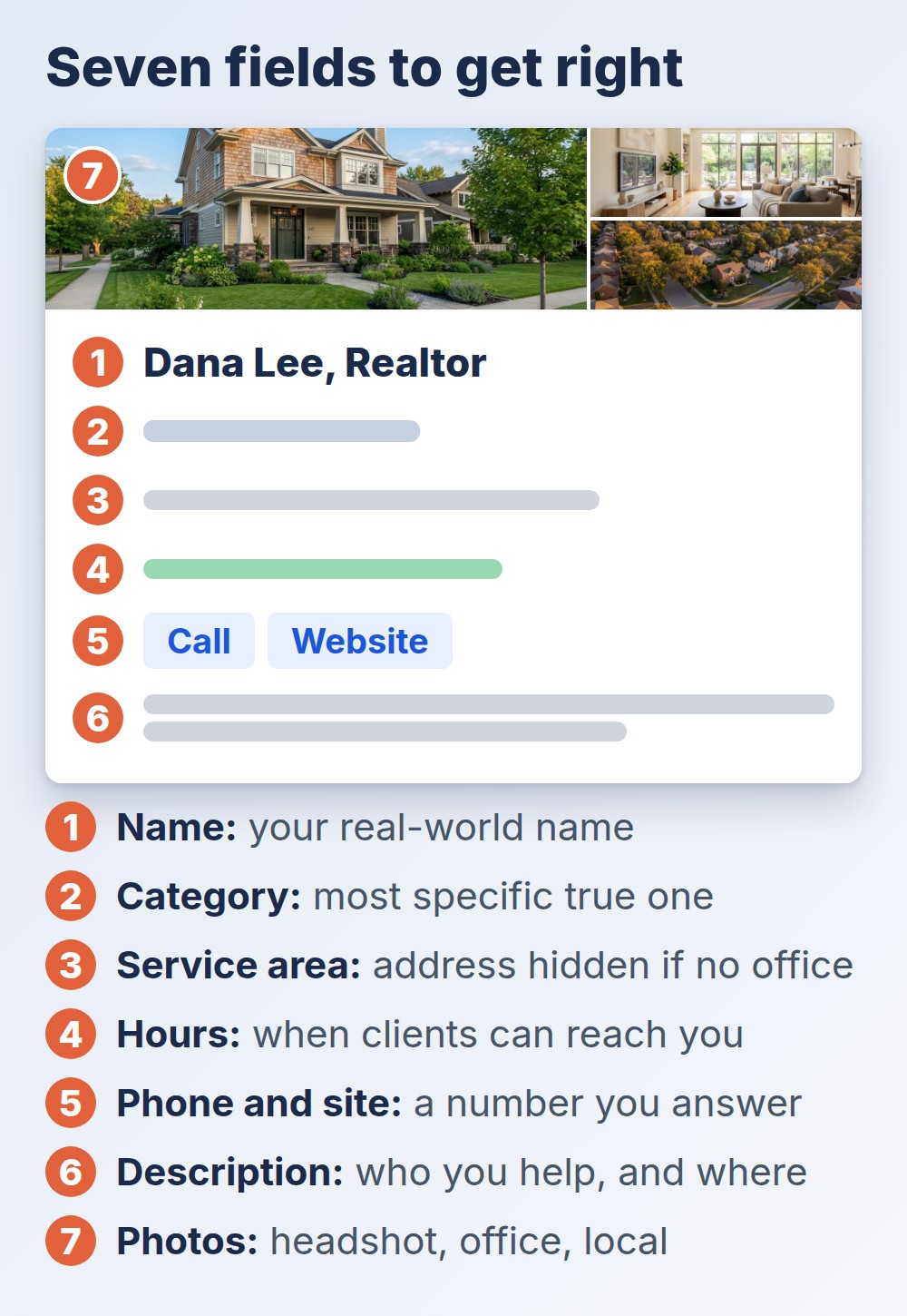 google business profile for realtors sample profile with seven numbered fields to get right